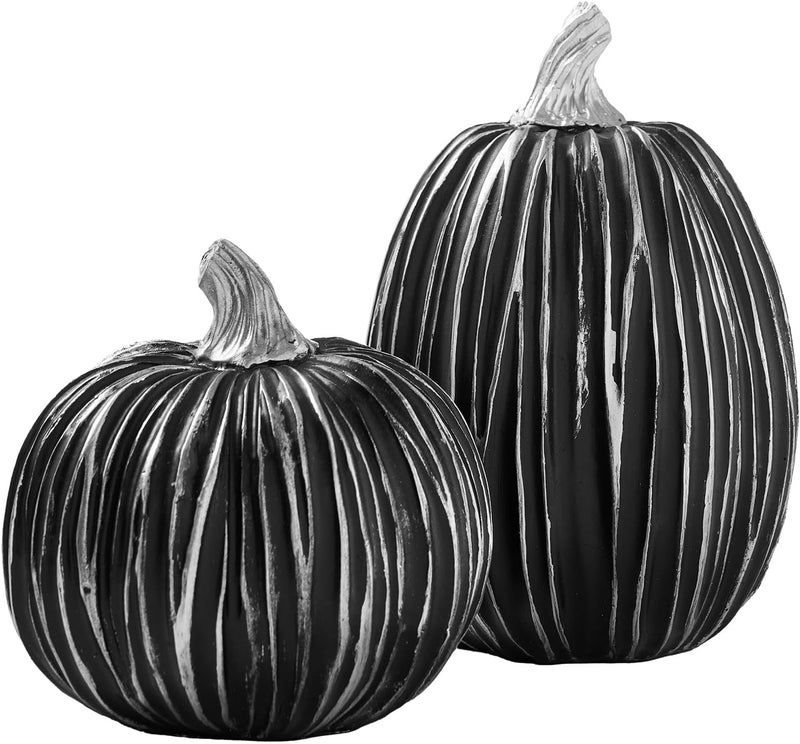 DN DECONATION Pumpkin Decorations for Fall and Halloween Indoor Home Decor, Black and Silver Faux Pumpkins–Fall Halloween Table Centerpiece, 2-Pack Resin Pumpkin for Thanksgiving Modern Farmhouse - Image 1