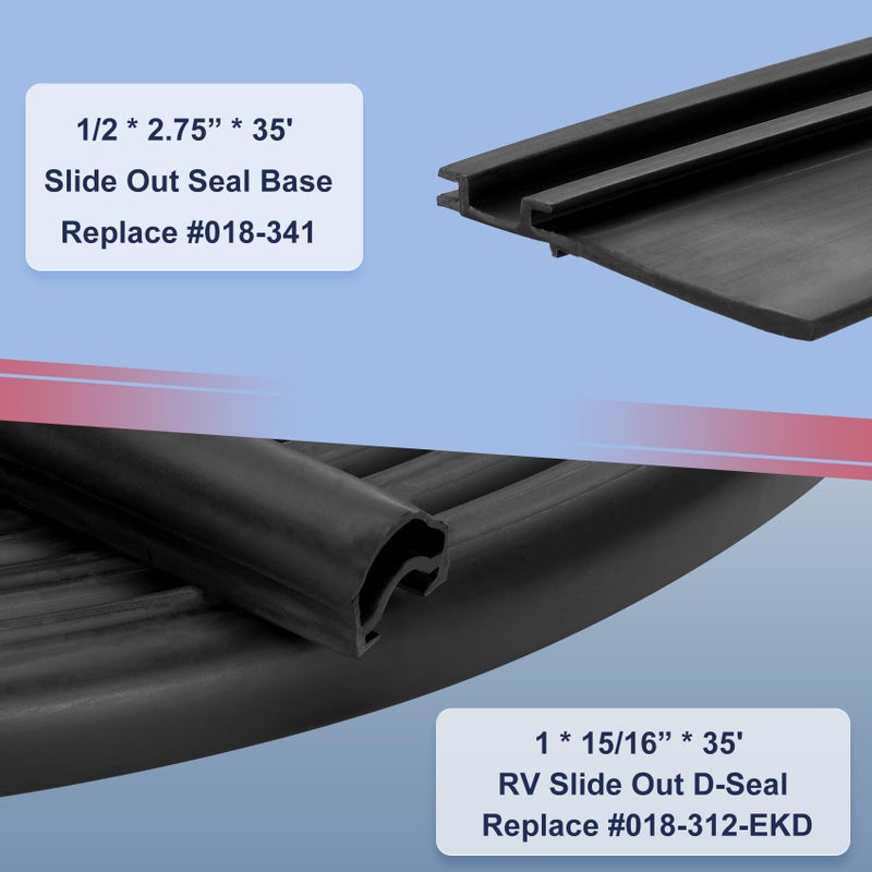 Sienson Combo RV Slide Out Seal Kit Replace 018-312-EKD & 018-341 EK,1' * 15/16" * 35' D-Seal Wiper & 1/2' * 2.75" * 35â€™ Travel Trailer Weather Stripping Clip Base,Black Rubbers for Camper Slideout System - Image 3