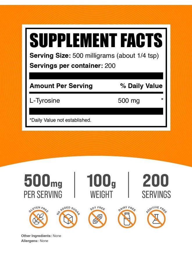 بالك سابلمنتس مسحوق التيروزين من BulkSupplements.com - مكمل التيروزين، مسحوق التيروزين، التيروزين 500 مجم - مكمل الأحماض الأمينية، بدون نكهة وخالي من الجلوتين - 500 مجم لكل وجبة، 100 جرام (3.5 أونصة) (عبوة من 1)  - Image 2