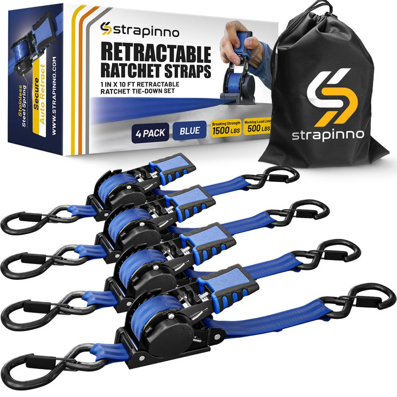 Strapinno Retractable Ratchet Straps 1 in x 10 ft Secure TieDowns with RubberCoated Steel Handles for Motorcycle Jetski Kayak Breaking Strength 1500LBS680KG Blue Strap Black Coated