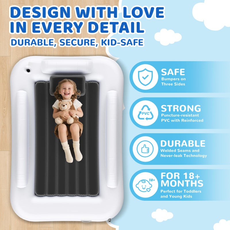 Deeteck Inflatable Toddler Travel Bed - 60 Inches Portable Toddler Bed for Travel with Safety Sides - Cozy Kids Air Mattress Set with High-Speed Pump & Carry Case - Lightweight & Easy to Inflate -Grey - Image 2