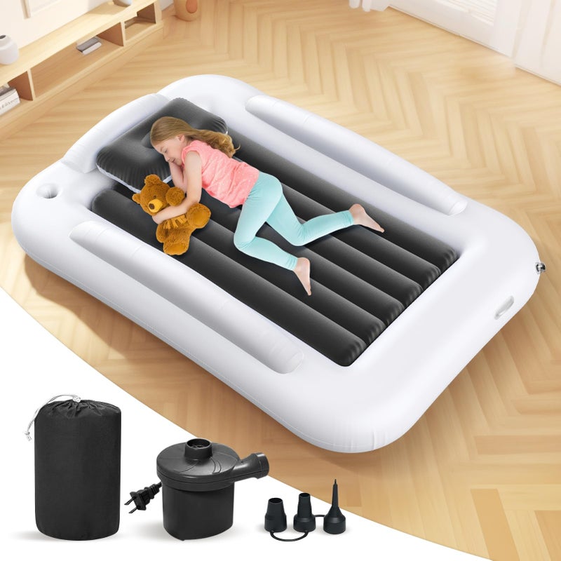 Deeteck Inflatable Toddler Travel Bed - 60 Inches Portable Toddler Bed for Travel with Safety Sides - Cozy Kids Air Mattress Set with High-Speed Pump & Carry Case - Lightweight & Easy to Inflate -Grey - Image 1