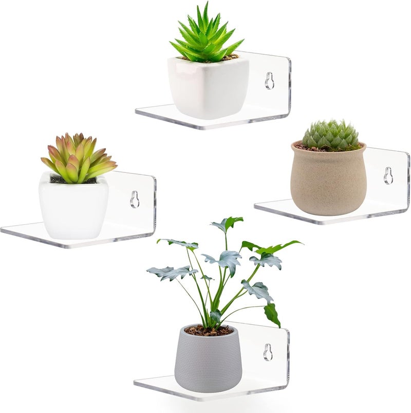 LUOBAO Acrylic Wall Shelves,Clear 4 inch Floating Shelves for Display,Ledges Pop Figures,Plant,Tiny Wall Mounted Transparent Shelf Small Invisible Shelves with Adhesive for Bedroom Living Room Decoration - Image 1
