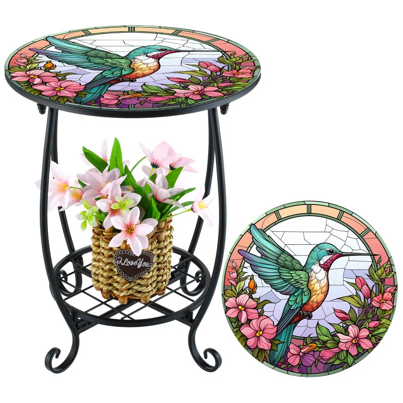 Cinnvoice Outdoor Side Table Round Small Mosaic Patio Accent Indoor End Plant Coffee Tea Table for Yard Patio Porch Garden Living Room BedroomHummingbird Style14 Inch - Image 2