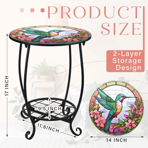 Cinnvoice Outdoor Side Table Round Small Mosaic Patio Accent Indoor End Plant Coffee Tea Table for Yard Patio Porch Garden Living Room BedroomHummingbird Style14 Inch - Image 3