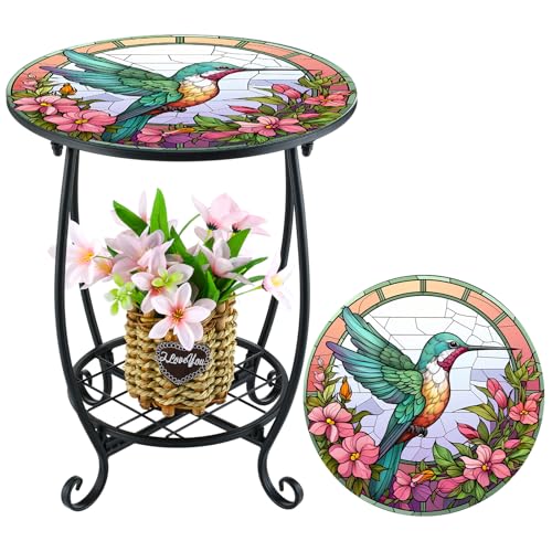 Cinnvoice Outdoor Side Table Round Small Mosaic Patio Accent Indoor End Plant Coffee Tea Table for Yard Patio Porch Garden Living Room BedroomHummingbird Style14 Inch - Image 1