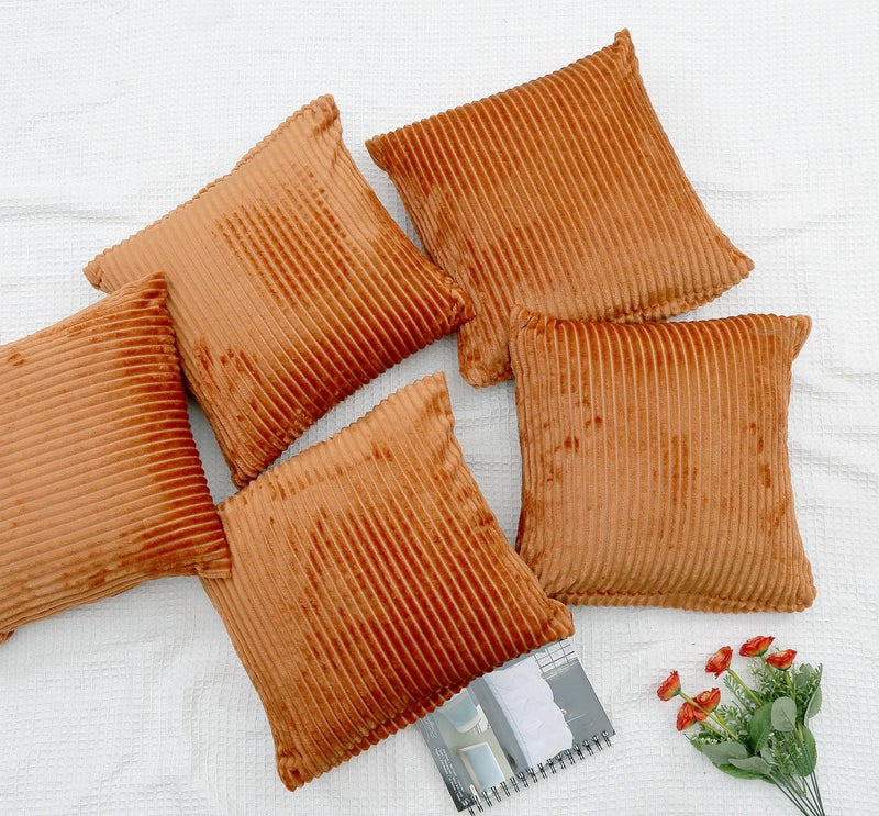 RD TREND® Cushion Cover Set of 5, Decorative Sofa Living Room Home Square Cushion Covers 16 Inch x 16 Inch, Aesthetic Corduroy Striped Double Sided (Golden,Pack of 5) - Image 3