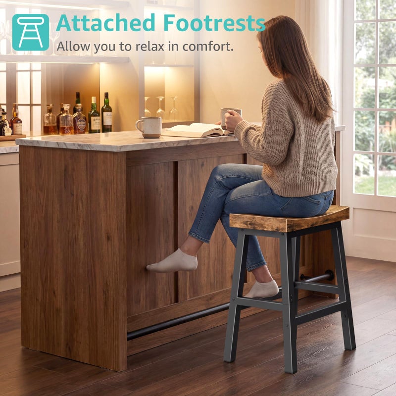 WINAZ Rustic Bar Stools, 24 Inch Barstools Set of 2, Counter Height Stool with Footrest, Wooden Stools for Kitchen Island, Heavy Duty Backless Chair for Dining Table Farmhouse Outdoor - Image 2