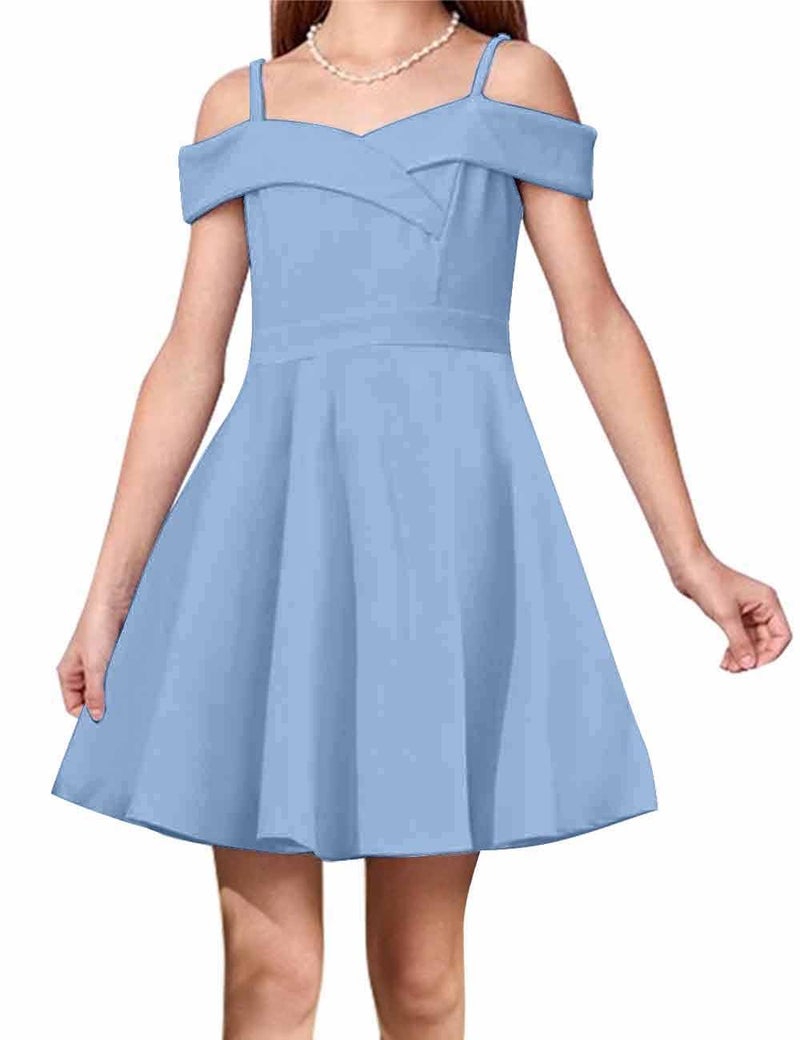 LuckyShe Girls Elegant Princess Cold Shoulder Fold Pleated High Waist Flared A Line Party Dresses,Light Blue,11-12 Years - Image 1
