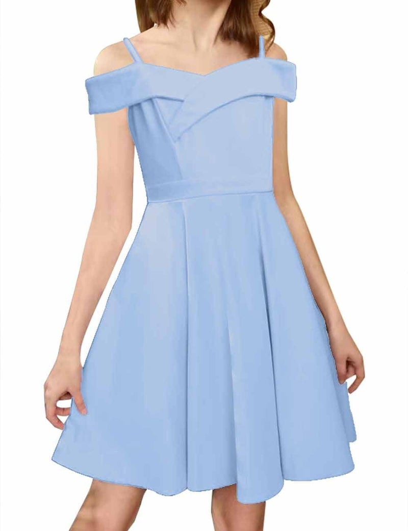 LuckyShe Girls Elegant Princess Cold Shoulder Fold Pleated High Waist Flared A Line Party Dresses,Light Blue,11-12 Years - Image 2