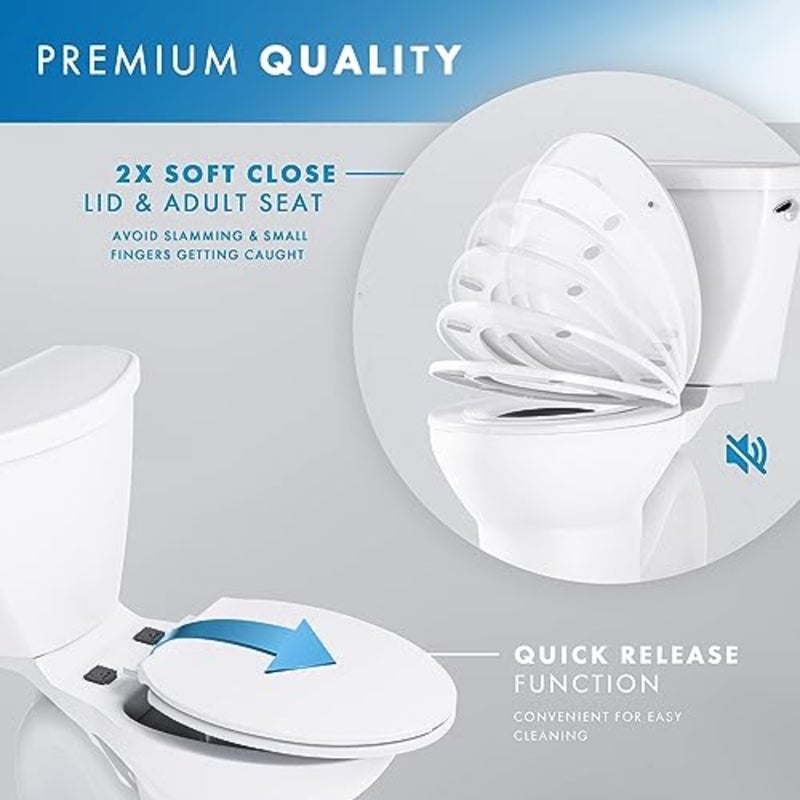 2-in-1 Elongated Toilet Seat - Soft Close and Easy Clean - Built-In Toddler Seat for Potty Training - Little to Big Toilet Seat Attachment, Universal Toilet Seat, Dual Purpose Slow Drop Toilet Cover - Image 4