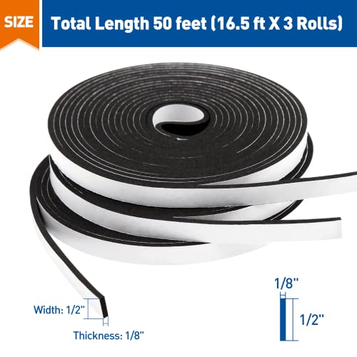 MAGZO Weather Stripping Door Seal, 1/2 Inch Wide X 1/8 Inch Thick Adhesive Foam Tape Soundproof Weatherstripping for Windows, 3 Rolls Total 50FT Black - Image 2