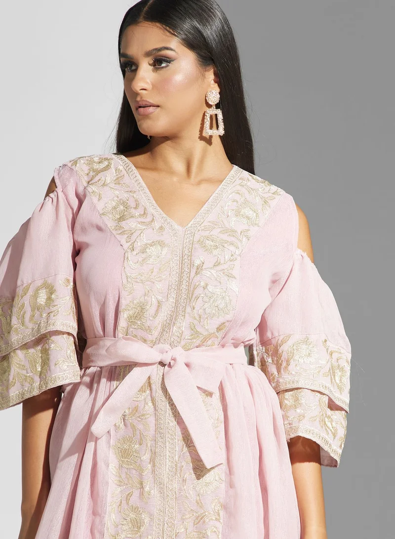 hayas closet Ruffle Sleeve Belted Embellished Dress