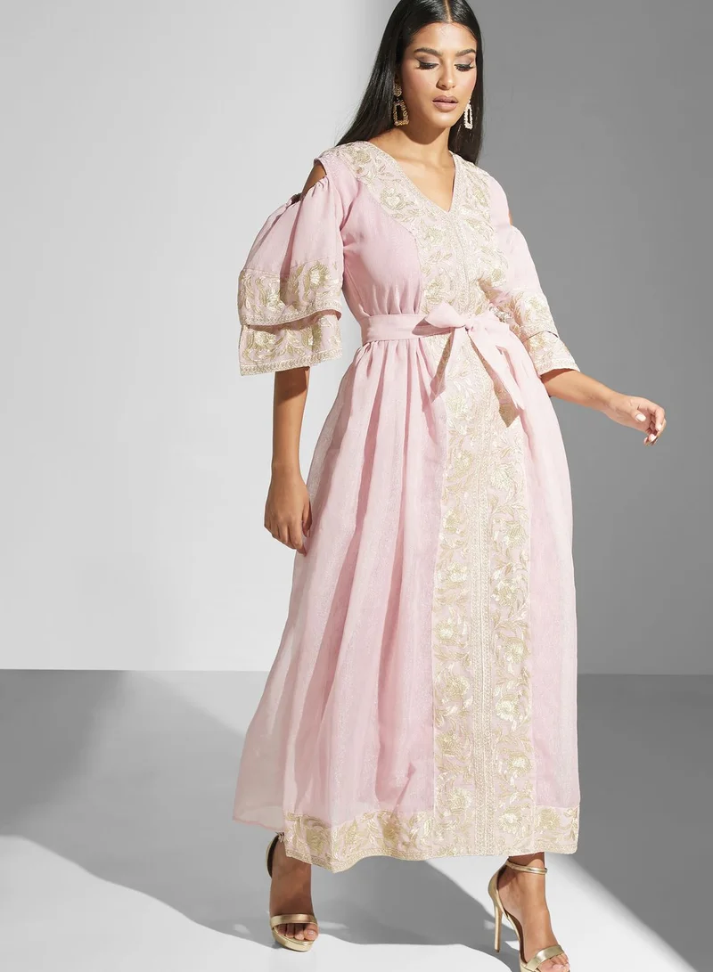 hayas closet Ruffle Sleeve Belted Embellished Dress