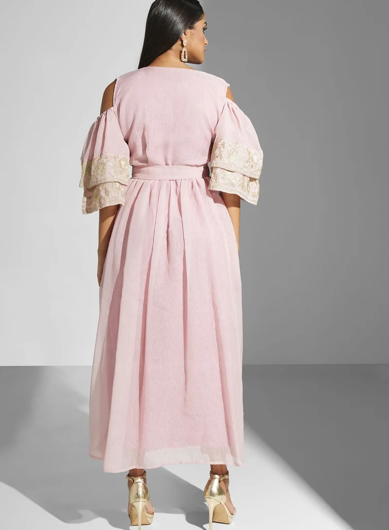 hayas closet Ruffle Sleeve Belted Embellished Dress