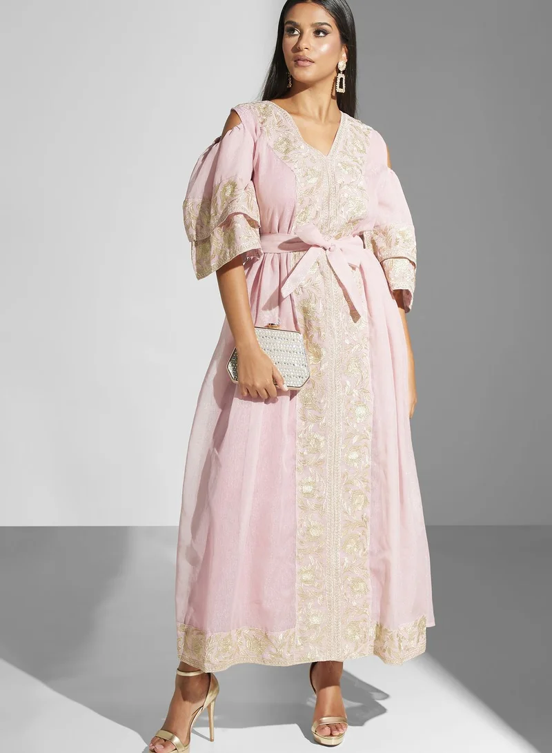 hayas closet Ruffle Sleeve Belted Embellished Dress
