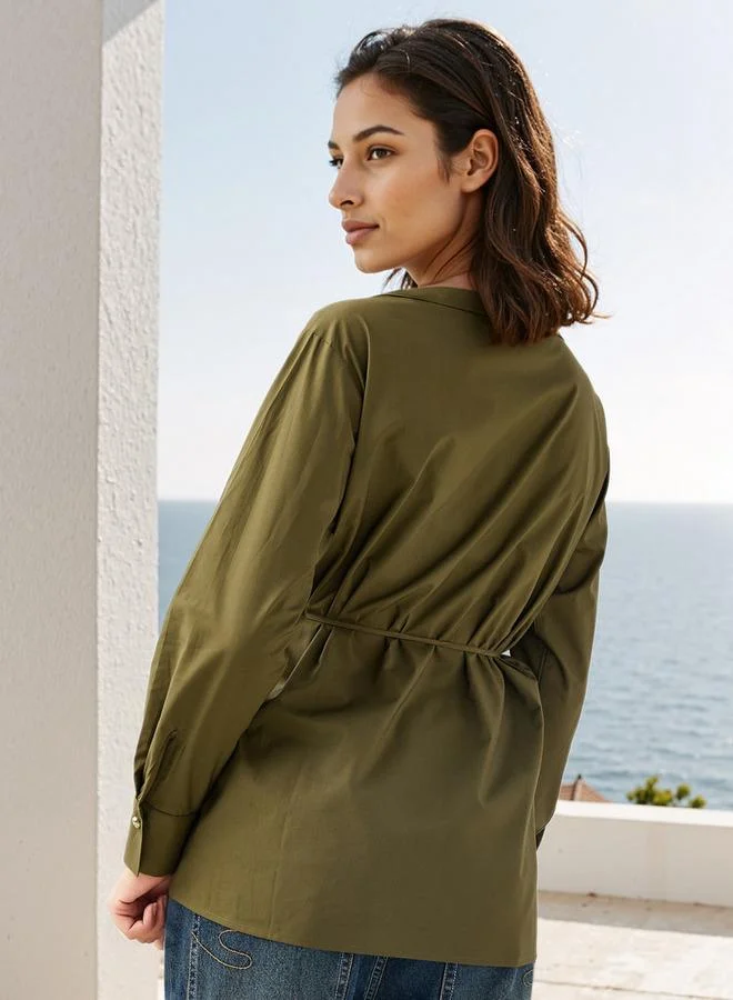Iconic Iconic Poplin Wrap Top with Collar and Long Sleeves