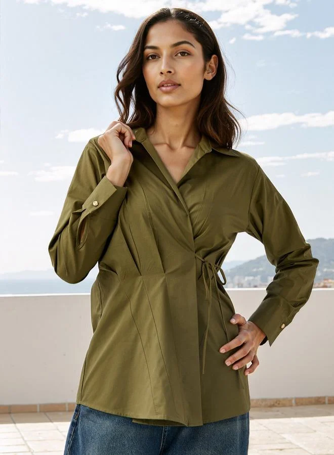 Iconic Iconic Poplin Wrap Top with Collar and Long Sleeves