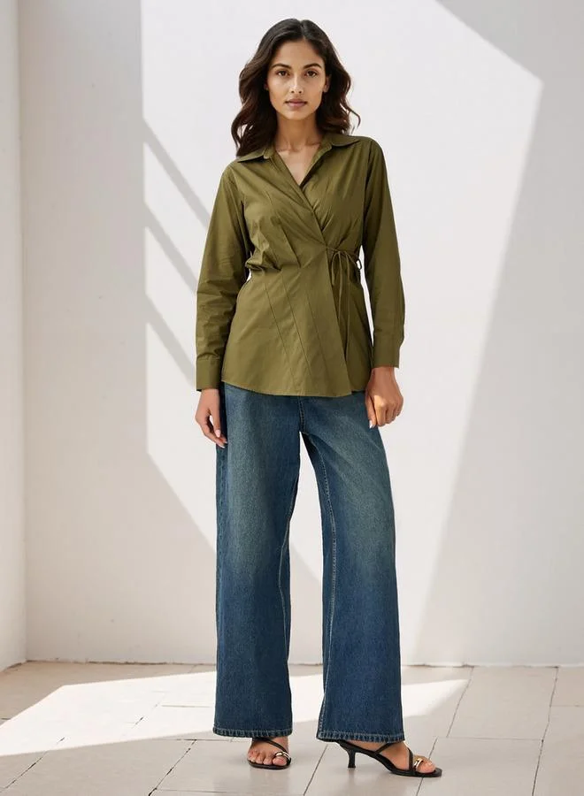 Iconic Iconic Poplin Wrap Top with Collar and Long Sleeves