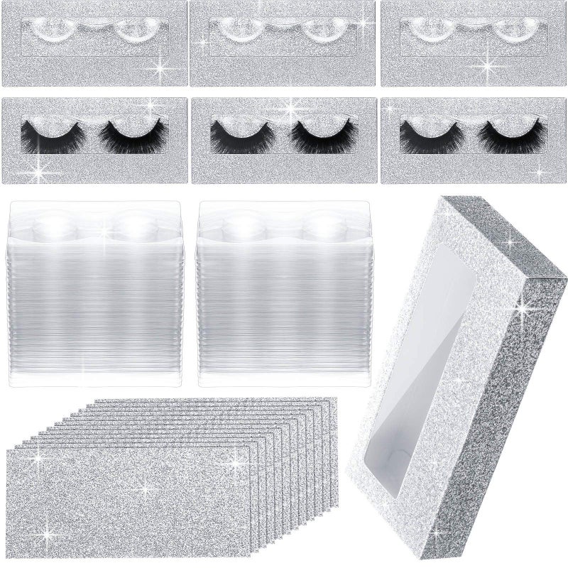 Maitys 50 Sets Empty Eyelash Case Set Include 50 Empty Eyelash Box Lash Box Packaging Eyelash Storage Box 50 Eyelash Box Tray False Eyelash Storage Box Tray 50 Internal Background Paper Silver