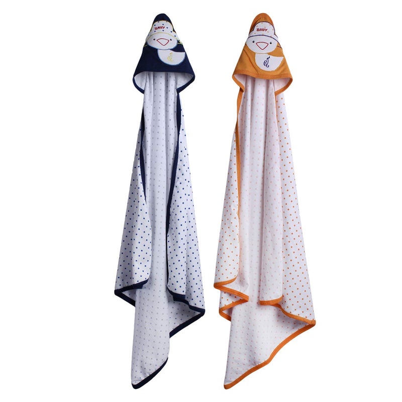 superminis Cotton Single Layered Polka Dot Printed Blanket Cum Wrapping Sheet Cum Baby Towel with Embroidered Hood for Babies (Pack of 2, Blue/Orange) - Image 1