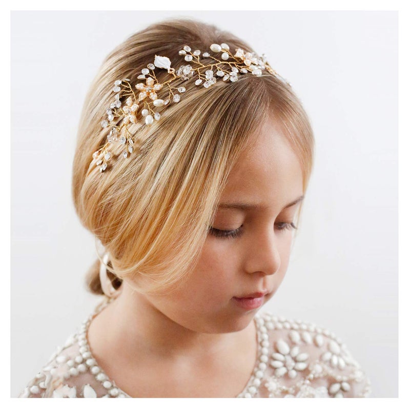 SWEETV Flower Girl Headband for Wedding, Baby Girl Flower Pearl Hair Piece, Gold Headpiece for Birthday Party, Photography - Image 1