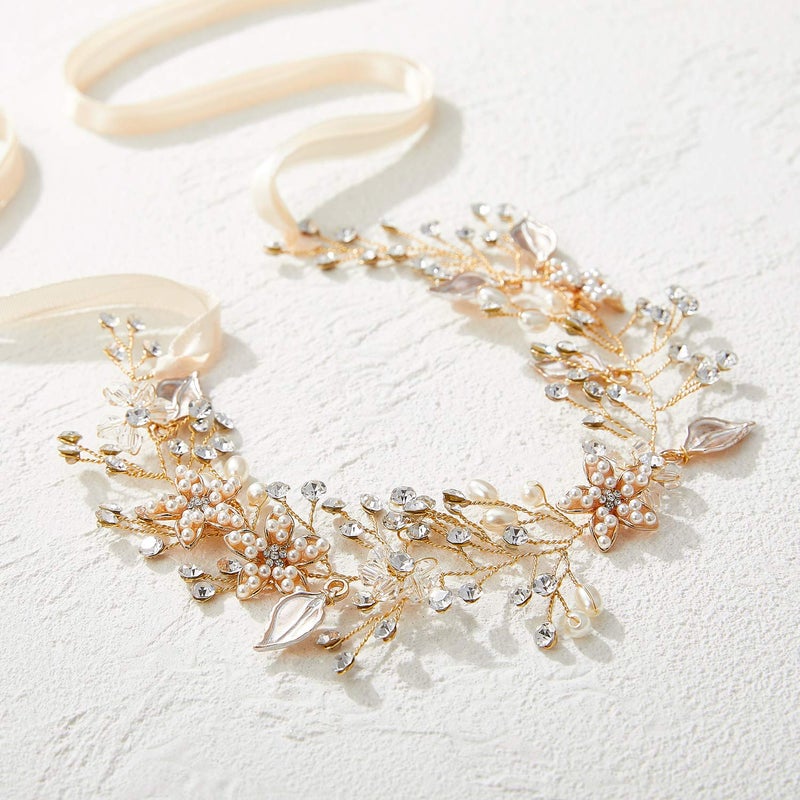 SWEETV Flower Girl Headband for Wedding, Baby Girl Flower Pearl Hair Piece, Gold Headpiece for Birthday Party, Photography - Image 5