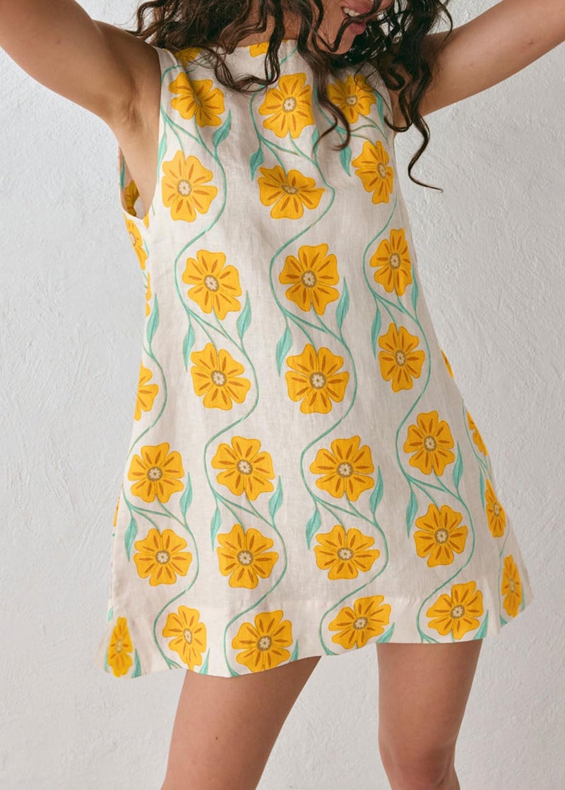 CHARTOU Women 2025 Summer Sleeveless Floral Short Shift Dress Cotton Linen Loose Tank Dress (Large, Yellow) - Image 4