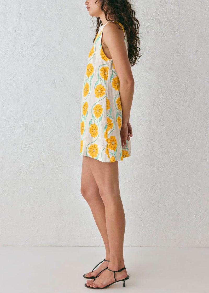 CHARTOU Women 2025 Summer Sleeveless Floral Short Shift Dress Cotton Linen Loose Tank Dress (Large, Yellow) - Image 3