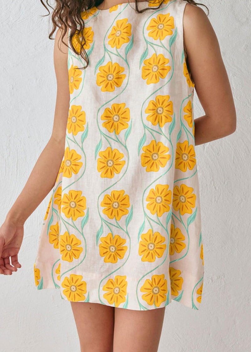 CHARTOU Women 2025 Summer Sleeveless Floral Short Shift Dress Cotton Linen Loose Tank Dress (Large, Yellow) - Image 5
