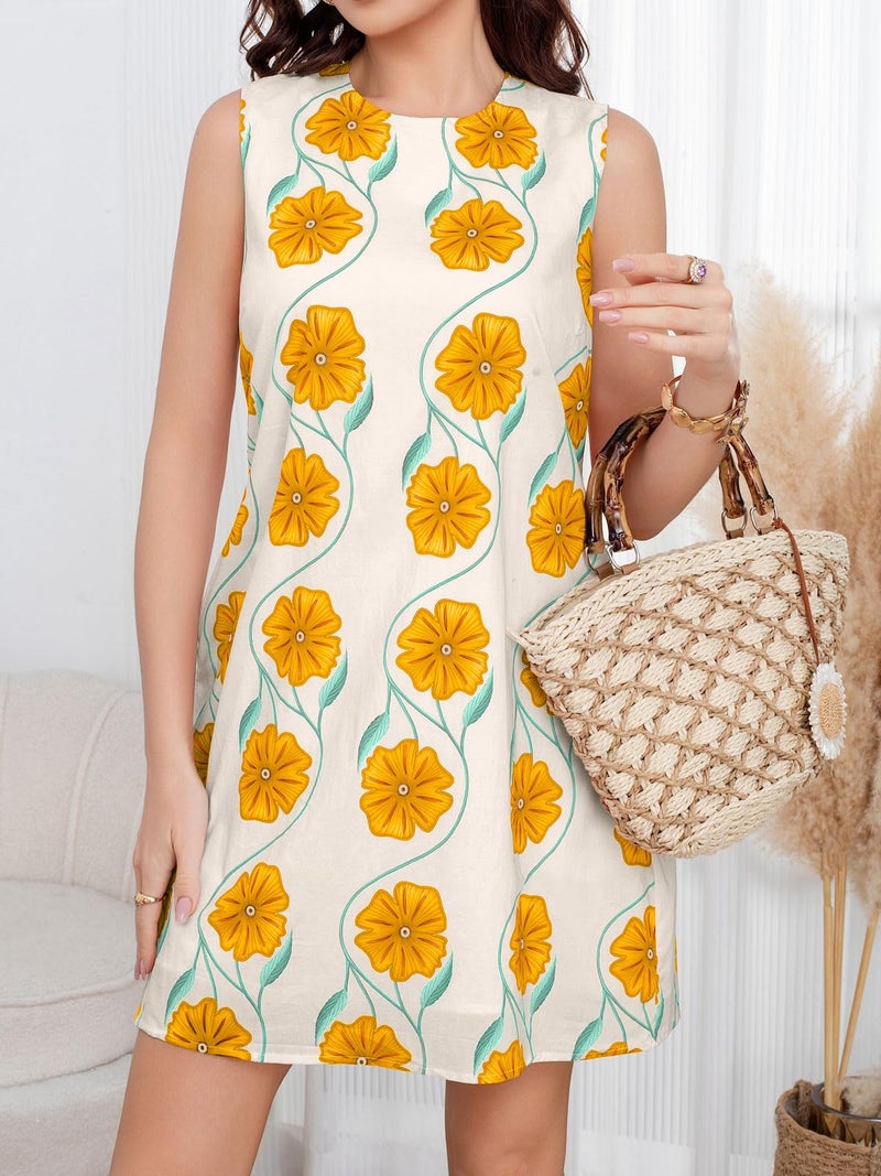 CHARTOU Women 2025 Summer Sleeveless Floral Short Shift Dress Cotton Linen Loose Tank Dress (Large, Yellow) - Image 2