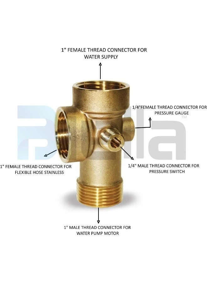 Biella Pressure Pump 5 Way Tee Connector For Pressure Vessels And Gauges 1" X 1/4" Bsp European Thread Suitable For Pressure Booster Pumps - Image 2