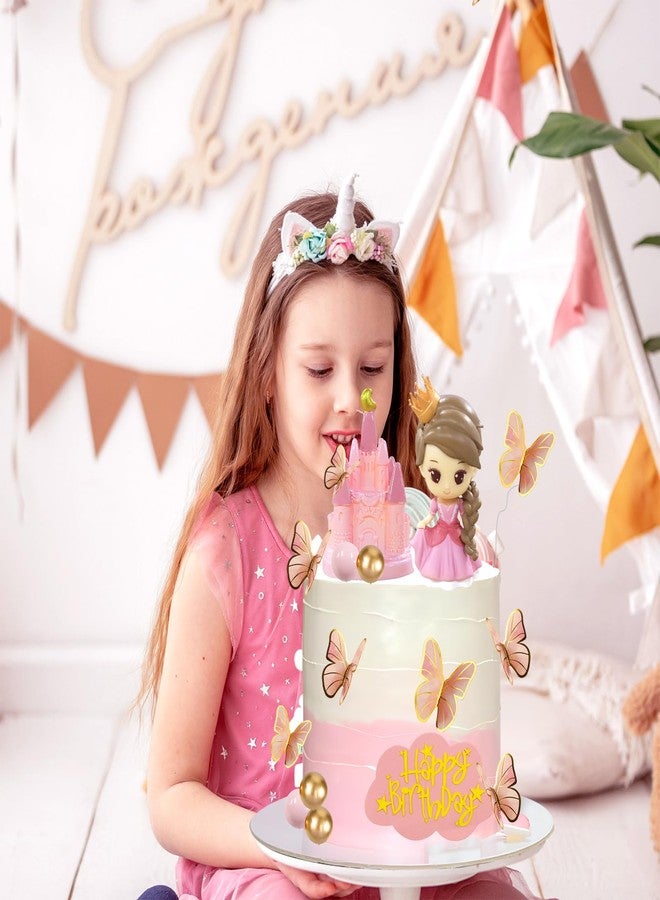 LEBERY Princess Cake Topper Pink Princess Castle Cake Decorations Butterfly Balls Happy Birthday Cakes Cupcake Toppers for Girls Pink Sweet Bow Themed Birthday Wedding Party Decor - Image 5