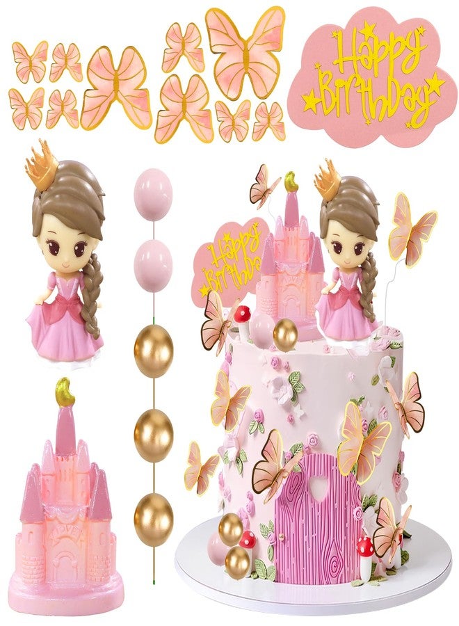 LEBERY Princess Cake Topper Pink Princess Castle Cake Decorations Butterfly Balls Happy Birthday Cakes Cupcake Toppers for Girls Pink Sweet Bow Themed Birthday Wedding Party Decor - Image 1