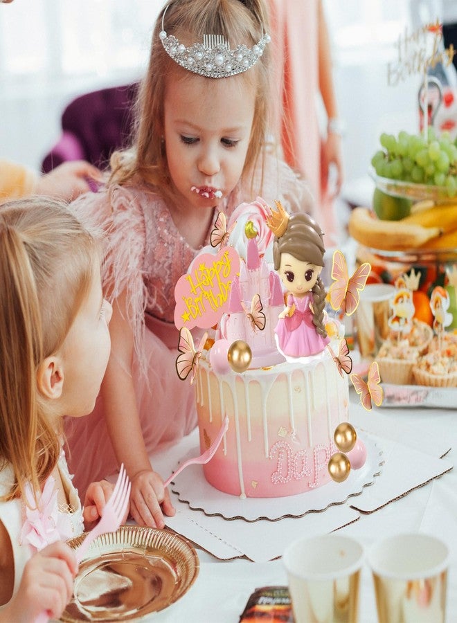 LEBERY Princess Cake Topper Pink Princess Castle Cake Decorations Butterfly Balls Happy Birthday Cakes Cupcake Toppers for Girls Pink Sweet Bow Themed Birthday Wedding Party Decor - Image 3