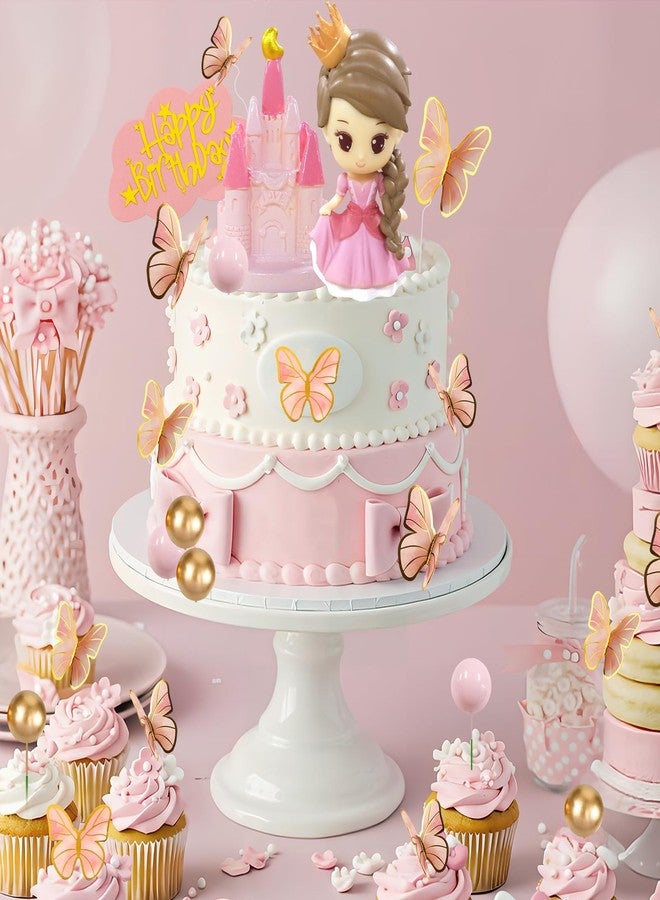 LEBERY Princess Cake Topper Pink Princess Castle Cake Decorations Butterfly Balls Happy Birthday Cakes Cupcake Toppers for Girls Pink Sweet Bow Themed Birthday Wedding Party Decor - Image 2