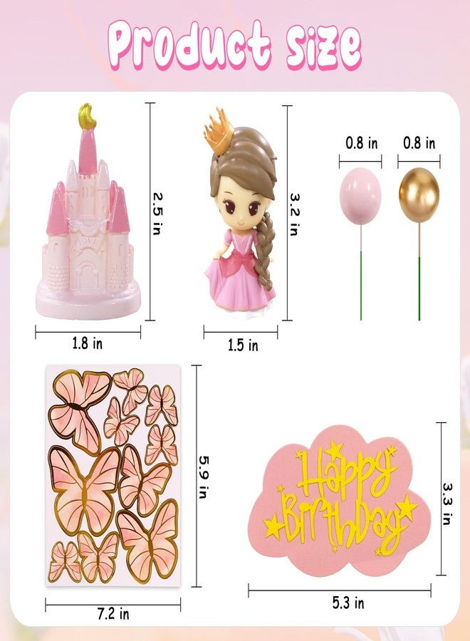 LEBERY Princess Cake Topper Pink Princess Castle Cake Decorations Butterfly Balls Happy Birthday Cakes Cupcake Toppers for Girls Pink Sweet Bow Themed Birthday Wedding Party Decor - Image 4