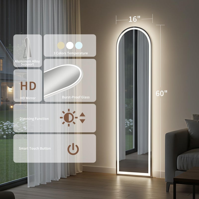 Simple Deluxe Arched Full Length Mirror with LED Lights, 60"x16" LED Floor Mirror with Stand, Body Floor Mirrors with Dimming & 3 Color Lighting, Wall Mounted LED Mirrors for Bedroom, Dressing Room, Cloakroom - Image 4