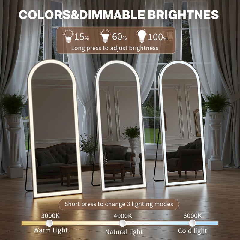 Simple Deluxe Arched Full Length Mirror with LED Lights, 60"x16" LED Floor Mirror with Stand, Body Floor Mirrors with Dimming & 3 Color Lighting, Wall Mounted LED Mirrors for Bedroom, Dressing Room, Cloakroom - Image 3
