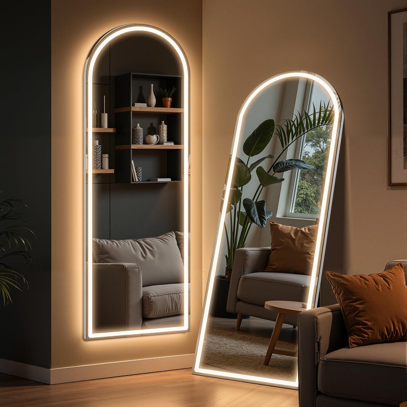 Simple Deluxe Arched Full Length Mirror with LED Lights, 60"x16" LED Floor Mirror with Stand, Body Floor Mirrors with Dimming & 3 Color Lighting, Wall Mounted LED Mirrors for Bedroom, Dressing Room, Cloakroom - Image 1