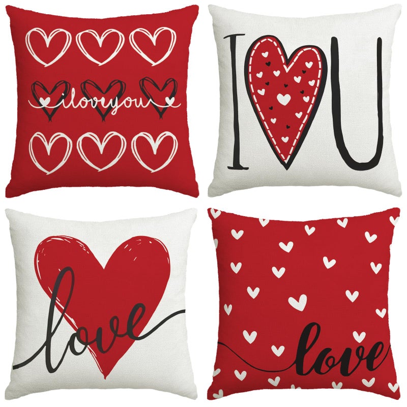 YOSICHY Valentines Day Pillow Covers 18x18 Set of 4 Love Heart Valentines Day Decor Throw Pillows Decorative Cushion Cases for Sofa Couch Valentine Decorations - Image 1