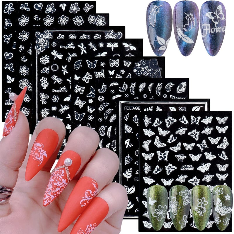 Flowers Nail Art Stickers Holographic 3D Luminous Nail SelfAdhesive Sticker Flowers Butterfly Leaf Dragonfly Nail Art Decals Women Manicure Glow in The Dark Decoration Fluorescent Nail Decal