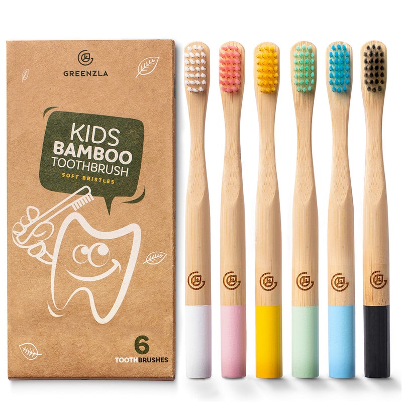 GREENZLA Kids Bamboo Toothbrushes, Natural Toothbrush Set, Soft Bristles, Durable Charcoal Wooden Brushes, Compostable Design for Toddlers and Children, 6 Pack - Image 1