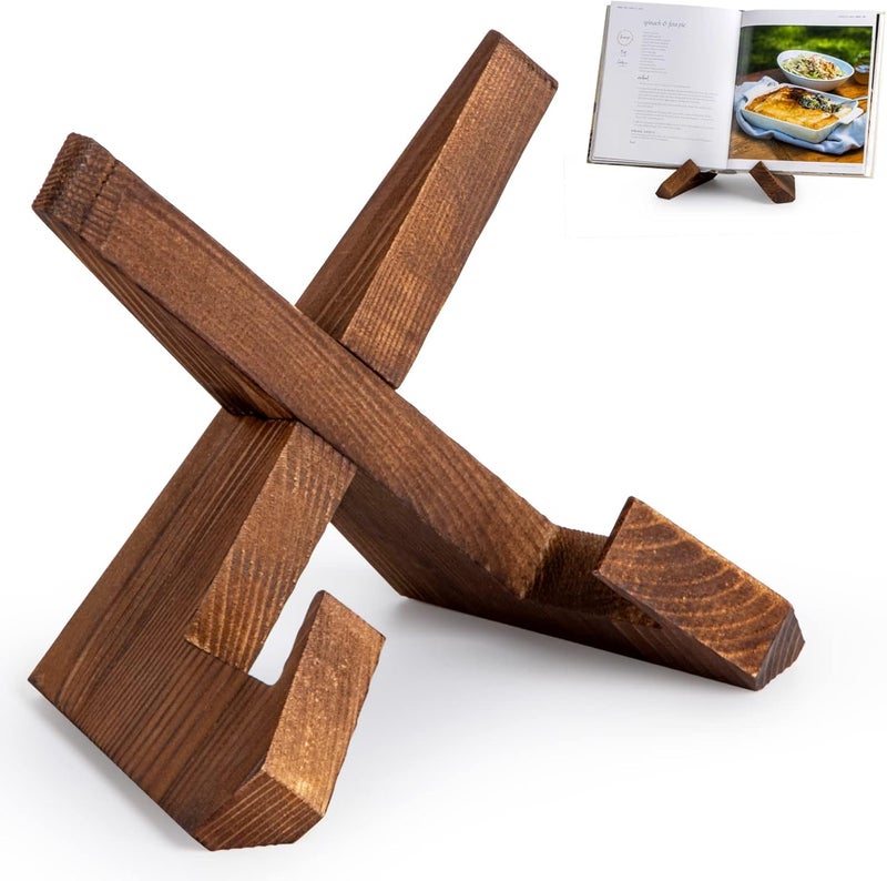 EFFORTICH Cookbook Stand, Wooden Recipe Book Holder, Cook Book Stand for Kitchen Counter, Multifunctional Display, Kitchen Counter Decor - Brown - Image 1