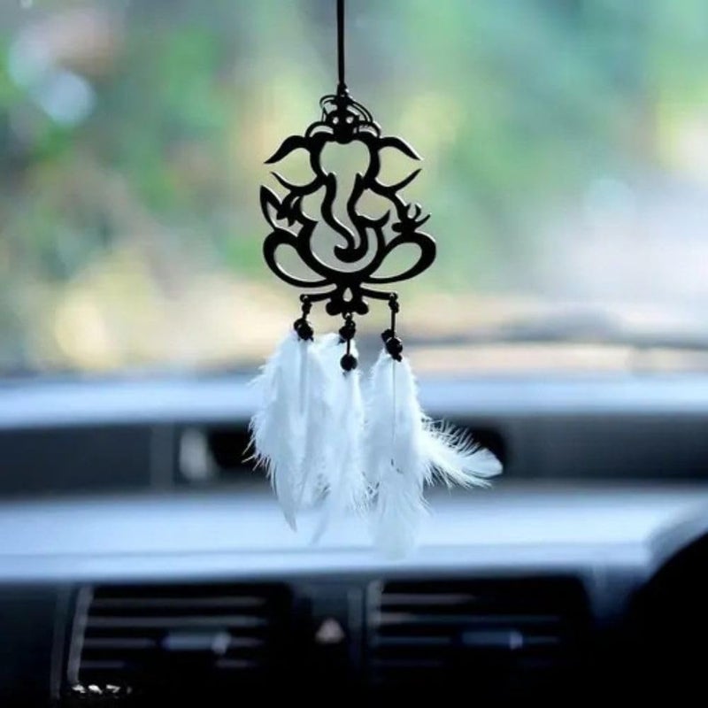 Rukshv Decorative Car Rearview Mirror Hanging with Feathers, Acrylic Spiritual Accessory for Home, Car, Office Interior Decor (Ganpati bapa) - Image 1