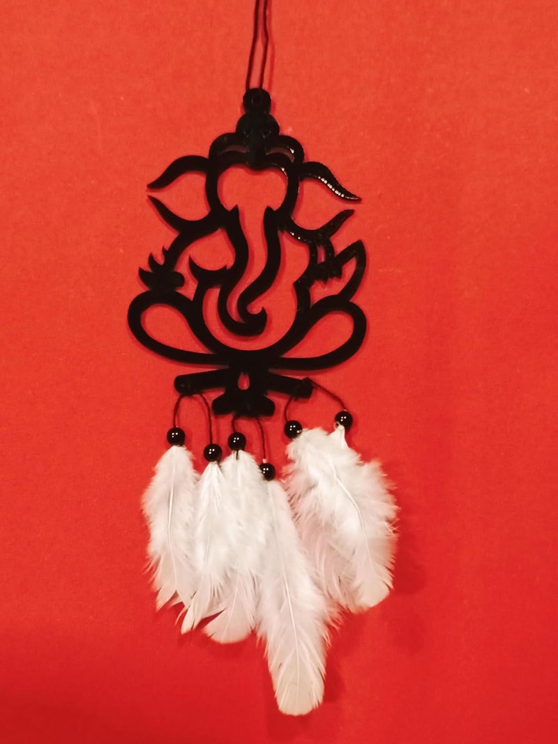 Rukshv Decorative Car Rearview Mirror Hanging with Feathers, Acrylic Spiritual Accessory for Home, Car, Office Interior Decor (Ganpati bapa) - Image 3