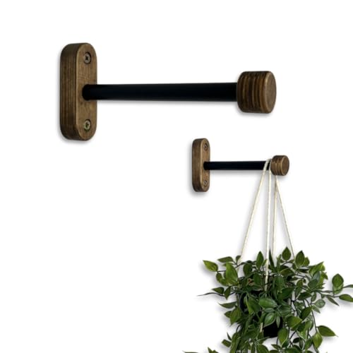 EvenWood 2Piece Set of Wooden Plant Hooks for Wall with Sturdy Metal Tube Plant Wall Hanger for Pots Flower Brackets Bracket Plant Hanger for Indoor and Outdoor Decorations Walnut 6 Inch - Image 1