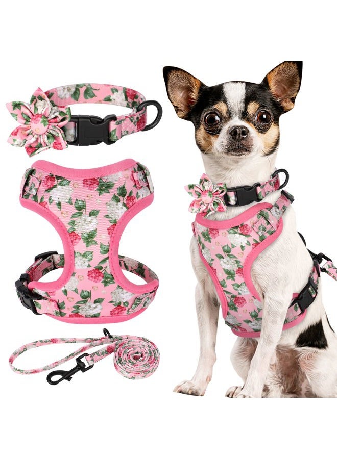 BEIRUI Cute Girl Dog Collars, Harnesses & Leashes Set - Adjustable Dog Collar and Leash Set with Flower - Soft Mesh Dog Vest Harness for Puppies Small & Extra Small Dogs Cats(Pink,XXS) - Image 1
