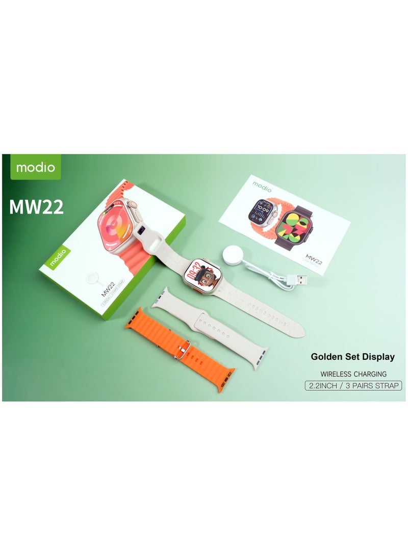 Modio MW22 Smartwatch with Large 2.2 Inch Display – Stylish Gold Design for Ladies and Gents, Includes 3 Interchangeable Straps and Charging Cable – Fitness Tracking, Call Notifications, Health Monitoring, and Custom Watch Faces for Daily Use - Image 3