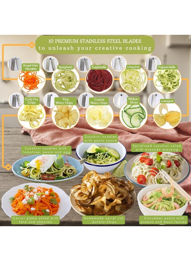 Brieftons 10-Blade Spiralizer: Strongest-and-Heaviest Vegetable Spiral Slicer, Best Veggie Pasta Spaghetti Maker for Low Carb/Paleo/Gluten-Free, with Blade Caddy, Container, Lid & 4 Recipe Ebooks - Image 4